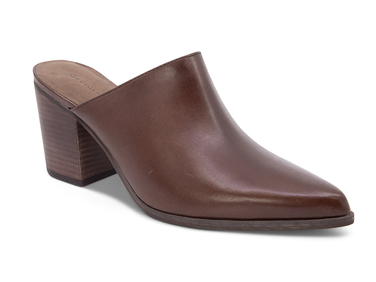 Dark brown leather slide in pointed toe with block heel on a white background side angle view