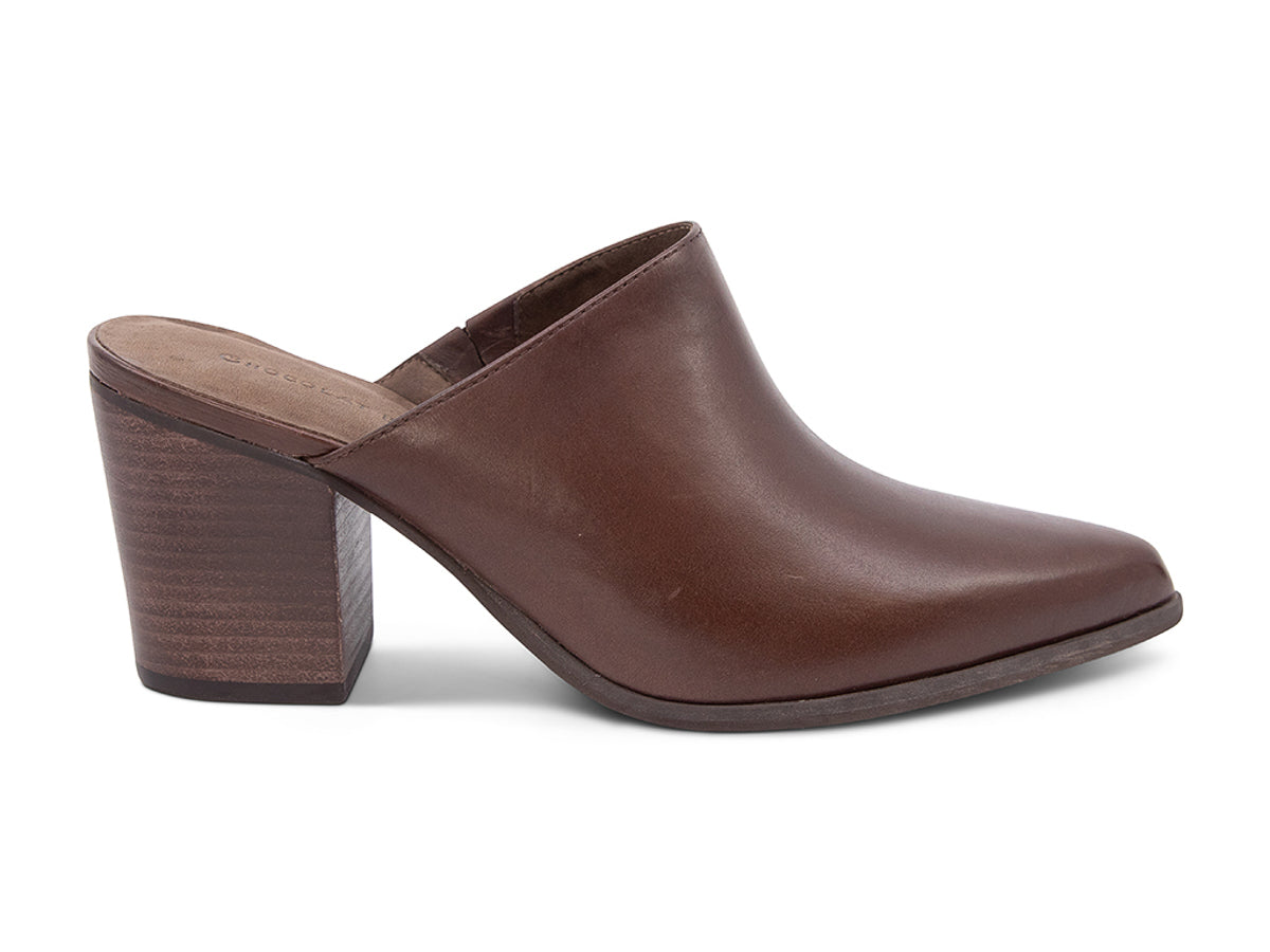 Dark brown leather slide in pointed toe with block heel on a white background side view