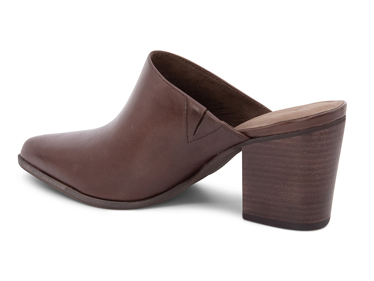 Dark brown leather slide in pointed toe with block heel on a white background side angle view