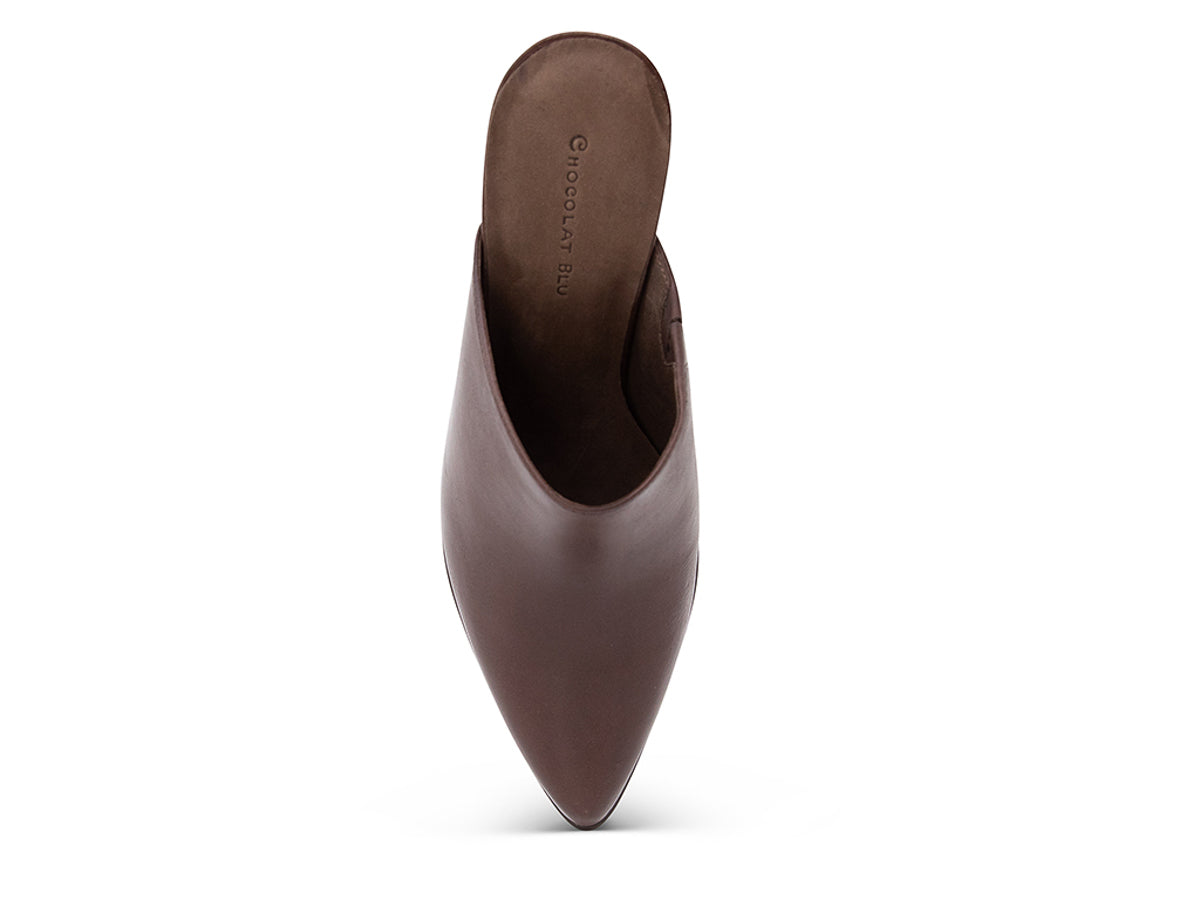 Dark brown leather slide in pointed toe with block heel on a white background top view