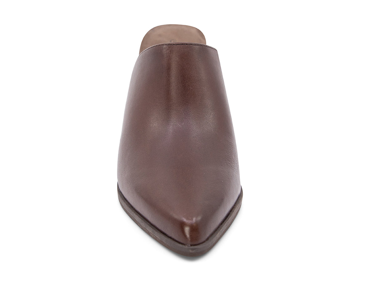 Dark brown leather slide in pointed toe with block heel on a white background front view