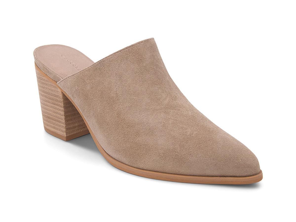 Latte suede slide in pointed toe with block heel on a white background side angle view