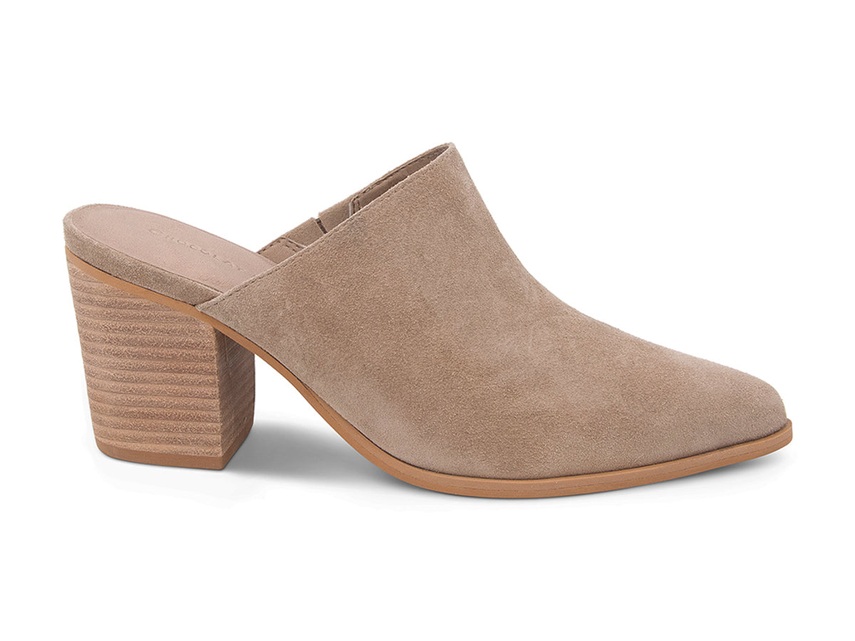 Latte suede slide in pointed toe with block heel on a white background side view