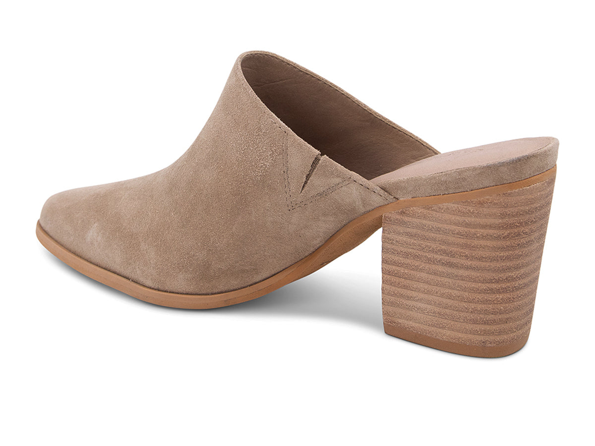 Latte suede slide in pointed toe with block heel on a white background side angle view