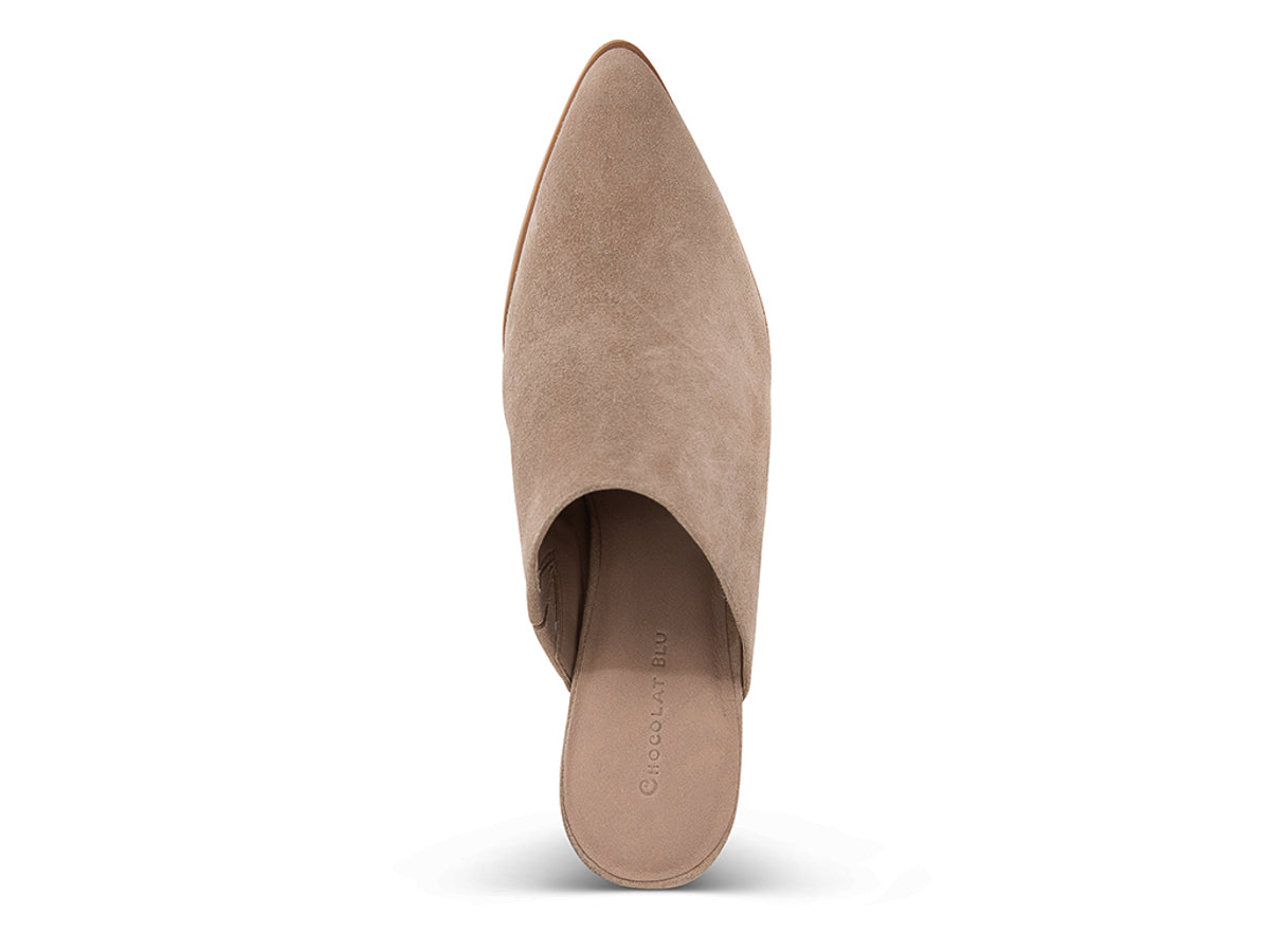 Latte suede slide in pointed toe with block heel on a white background top view