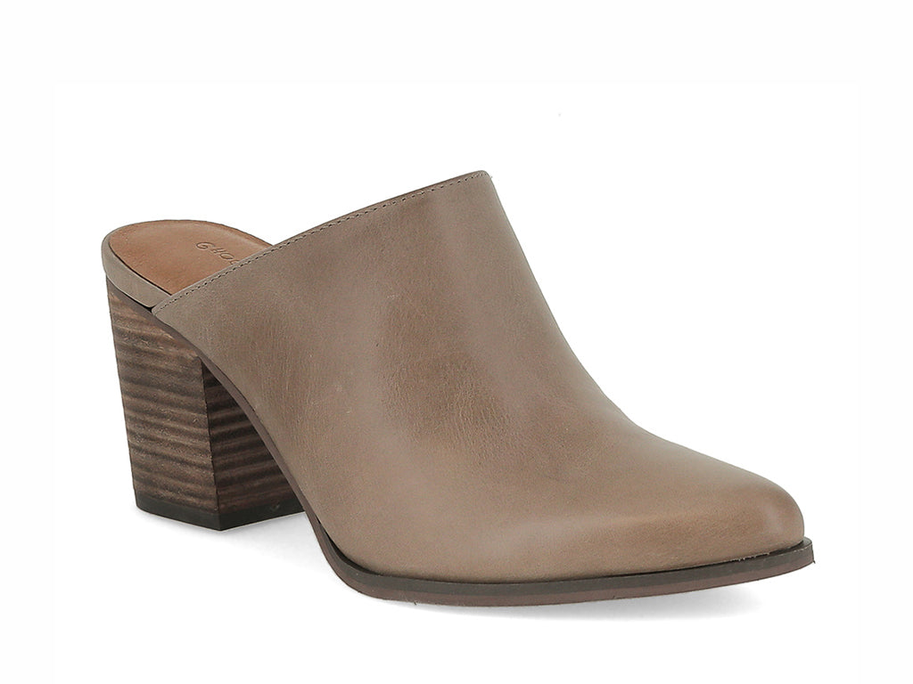 Taupe leather slide in pointed toe with block heel on a white background side angle view