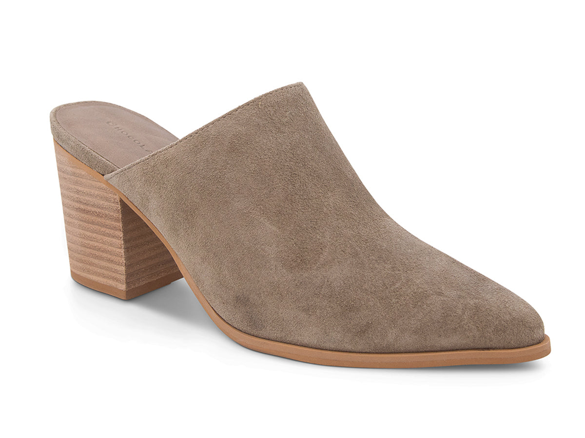 Taupe suede slide in pointed toe with block heel on a white background side angle view