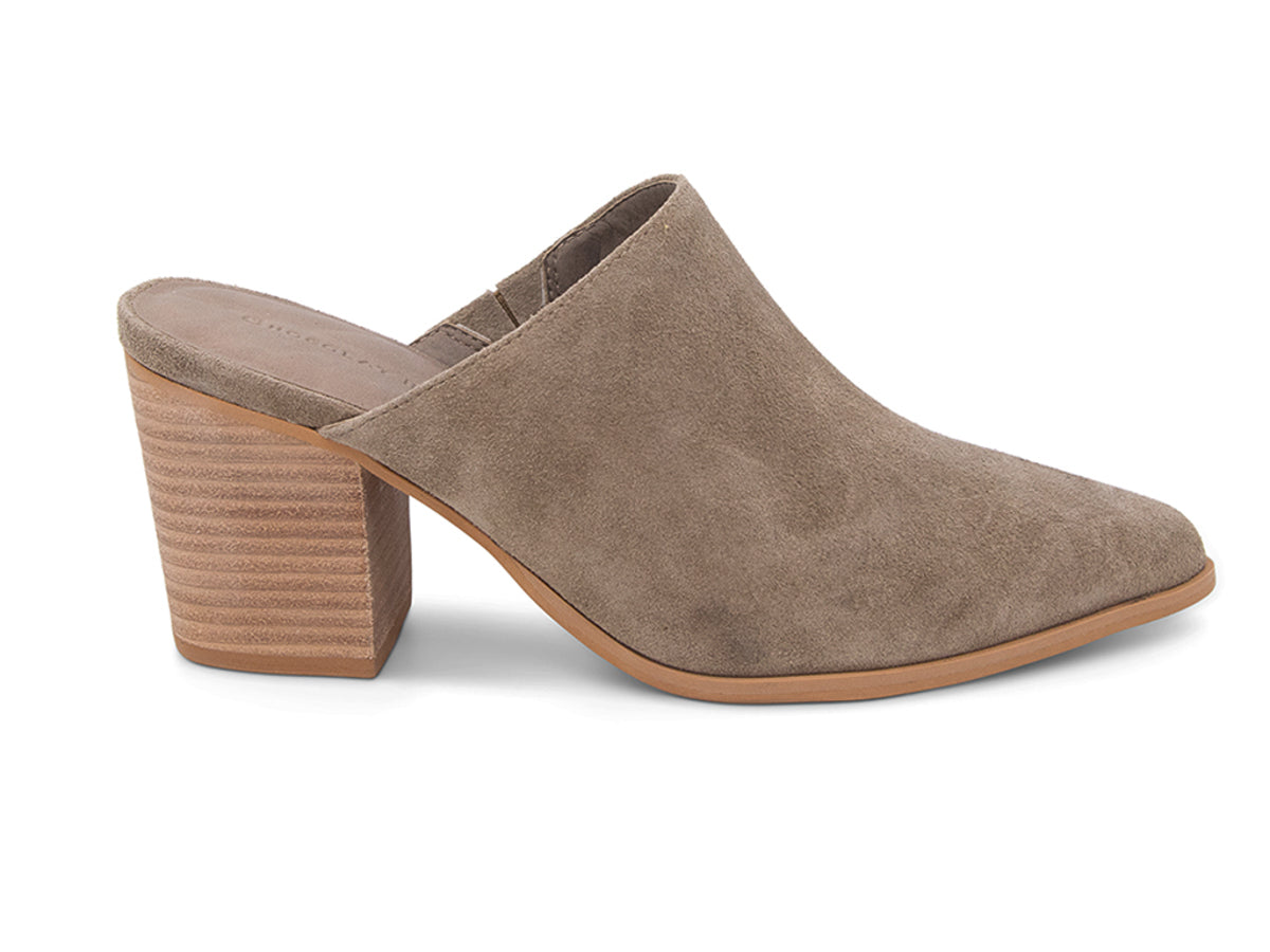 Taupe suede slide in pointed toe with block heel on a white background side view