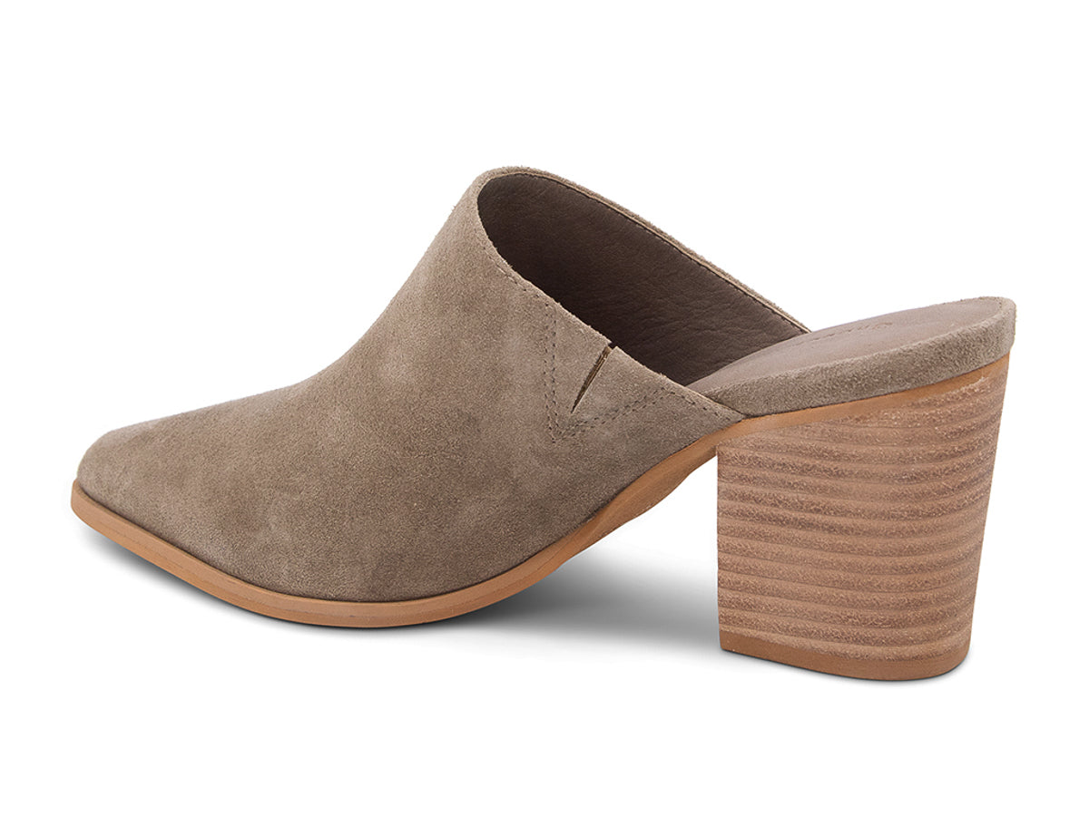 Taupe suede slide in pointed toe with block heel on a white background side angle view