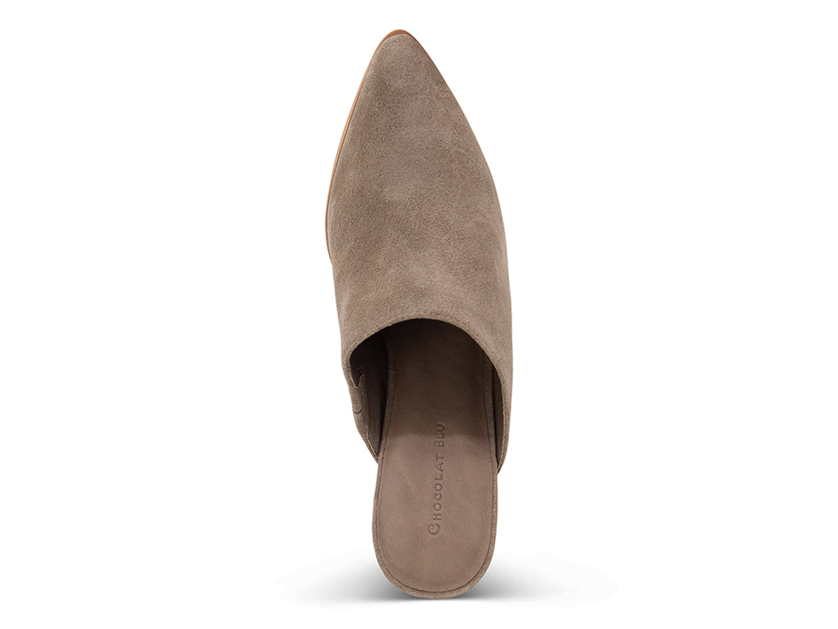 Taupe suede slide in pointed toe with block heel on a white background top view