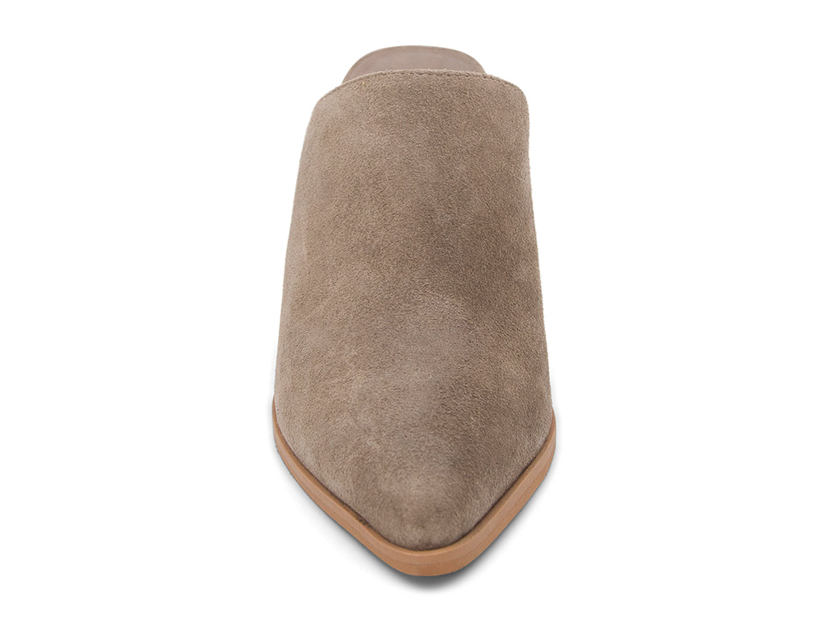 Taupe suede slide in pointed toe with block heel on a white background front view