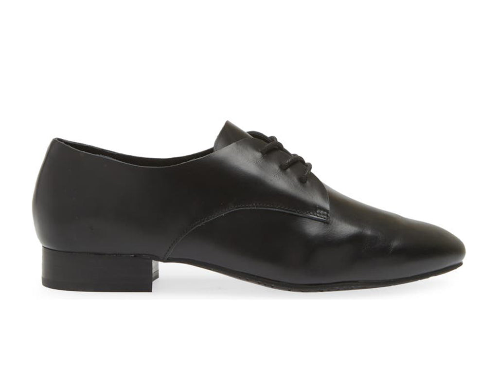 Black leather lace-up pointed toe flat with mini block heel on a white background side view
