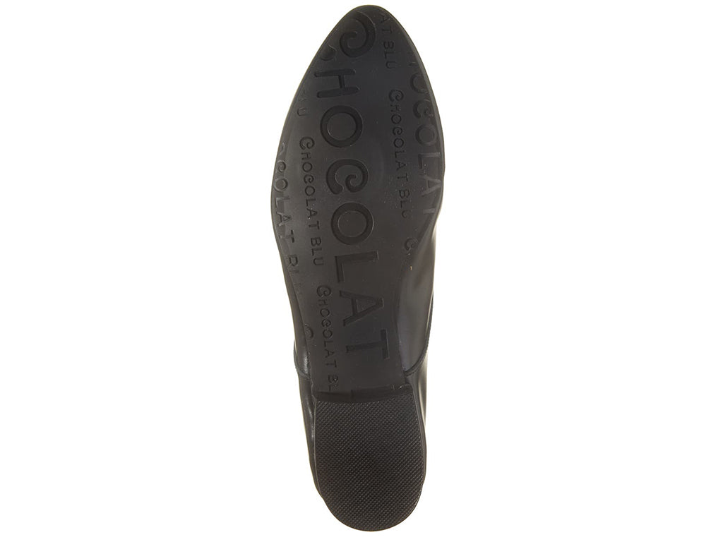 Black leather lace-up pointed toe flat with mini block heel on a white background bottom sole view