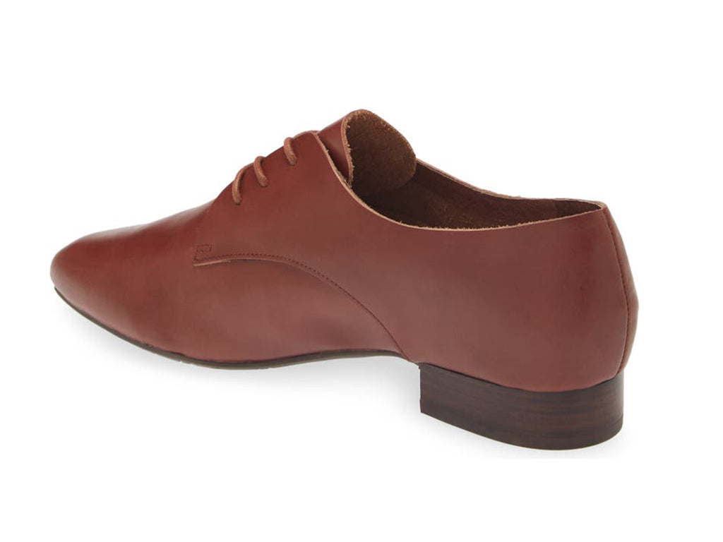 Brown leather lace-up pointed toe flat with mini block heel on a white background side angle view