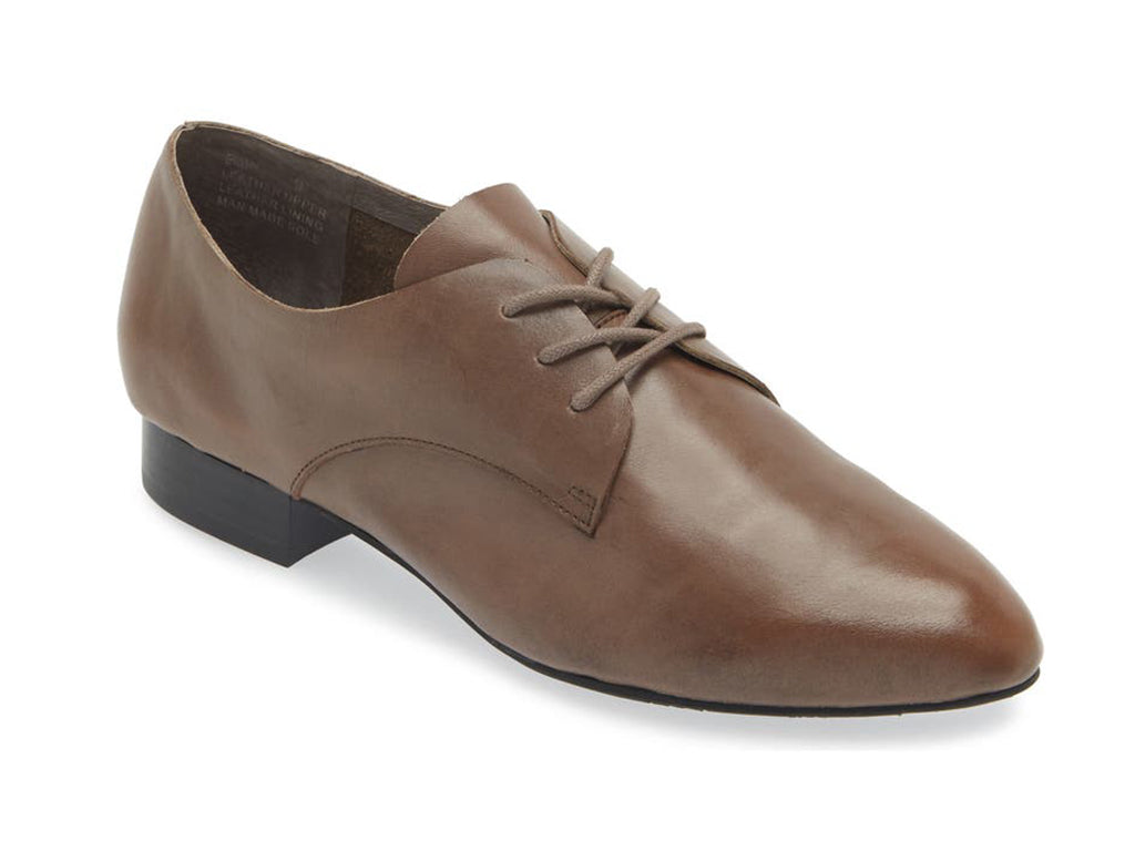 Grey leather lace-up pointed toe flat with mini block heel on a white background side angle view