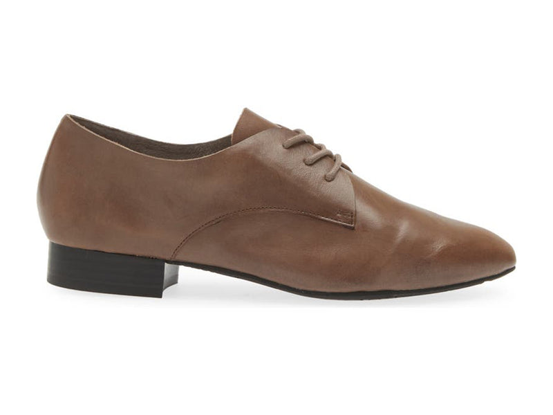 Grey leather lace-up pointed toe flat with mini block heel on a white background side view