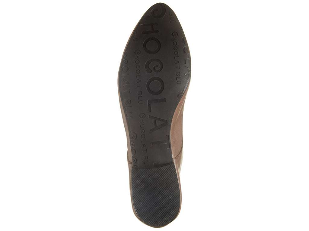 Grey leather lace-up pointed toe flat with mini block heel on a white background bottom sole view