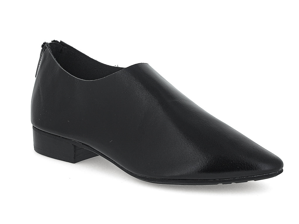 Black leather pointed toe flat with mini block heel and back zipper on a white background side angle view