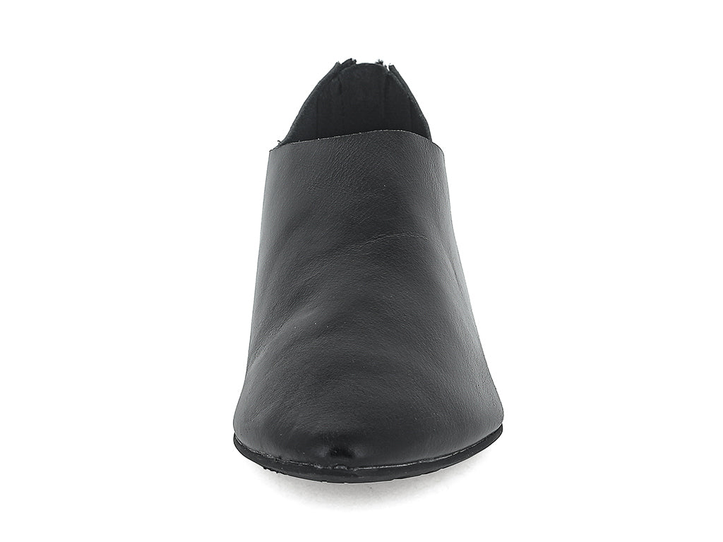 Black leather pointed toe flat with mini block heel and back zipper on a white background front view