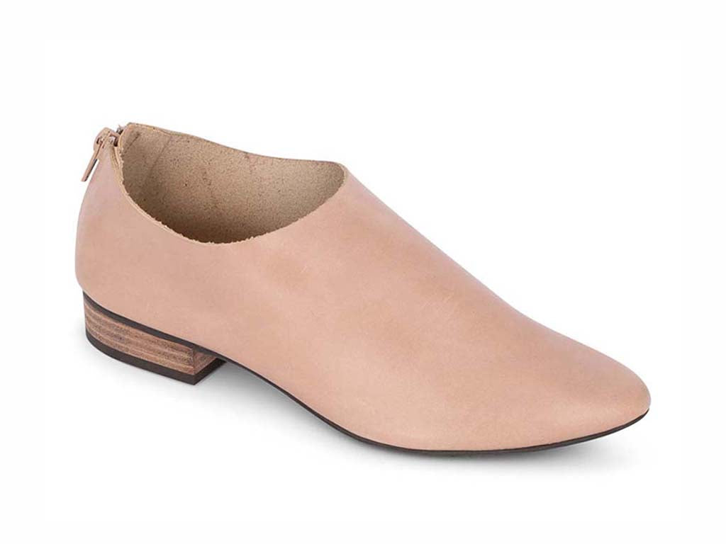 Latte leather pointed toe flat with mini block heel and back zipper on a white background side angle view