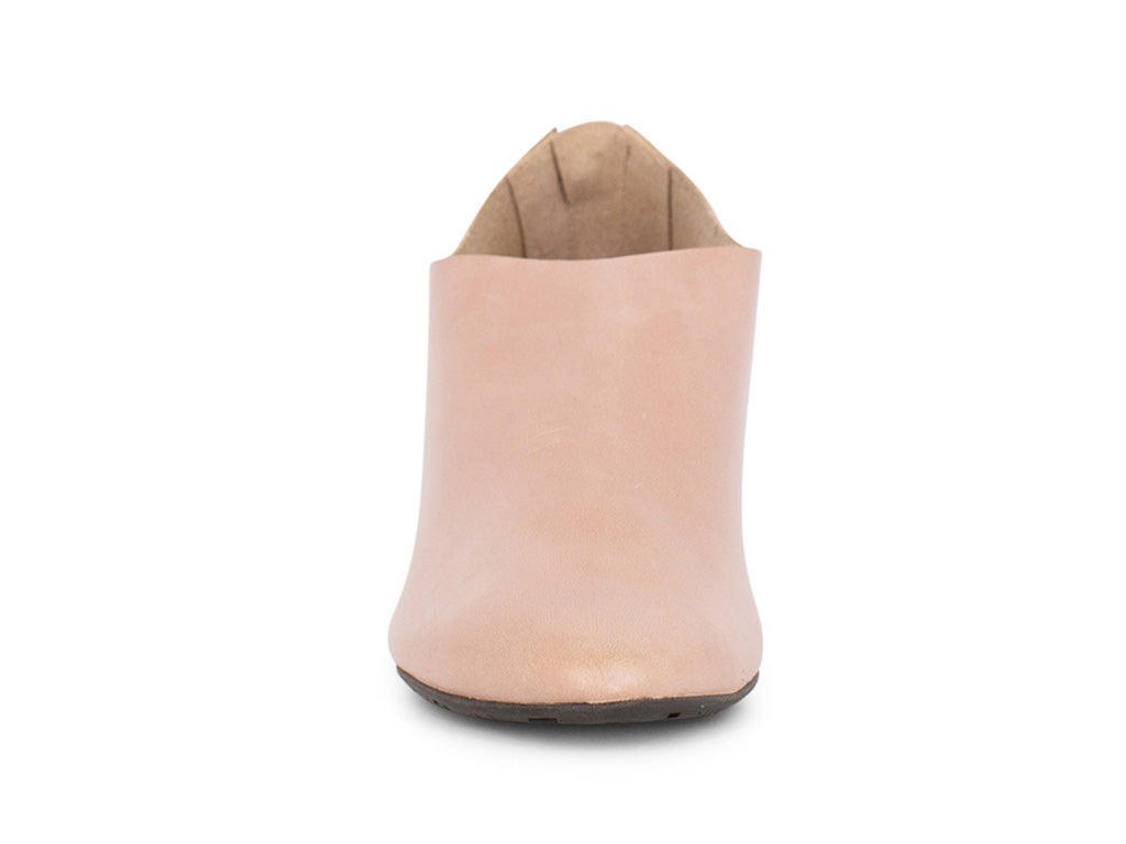 Latte leather pointed toe flat with mini block heel and back zipper on a white background front view