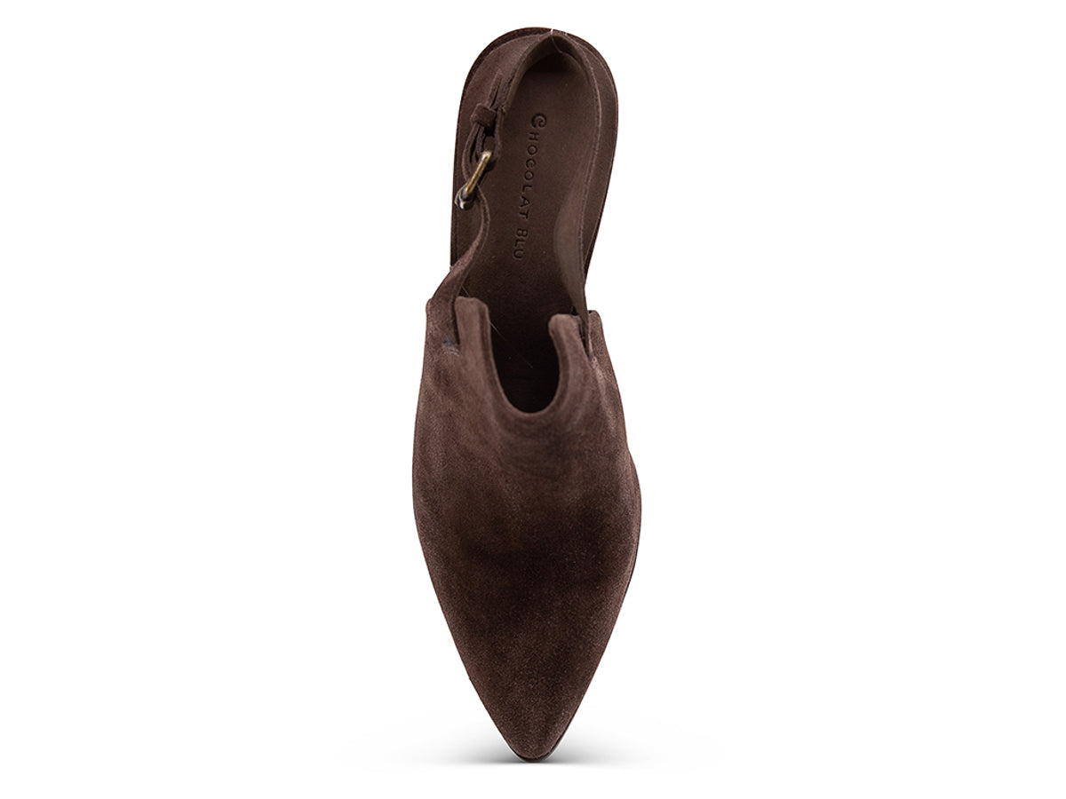Brown suede pointed toe shoe with wooden block heel and buckle ankle back strap on a white background top view