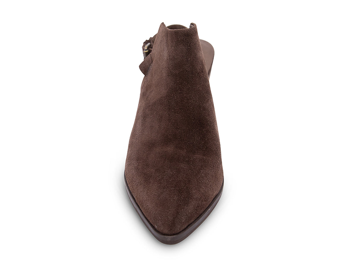 Brown suede pointed toe shoe with wooden block heel and buckle ankle back strap on a white background front view