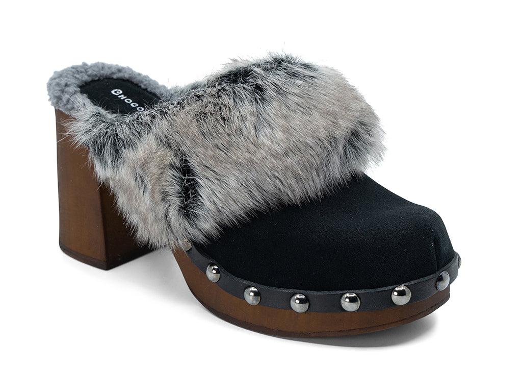 black high heel clog with fox fur collar - front 3/4 view