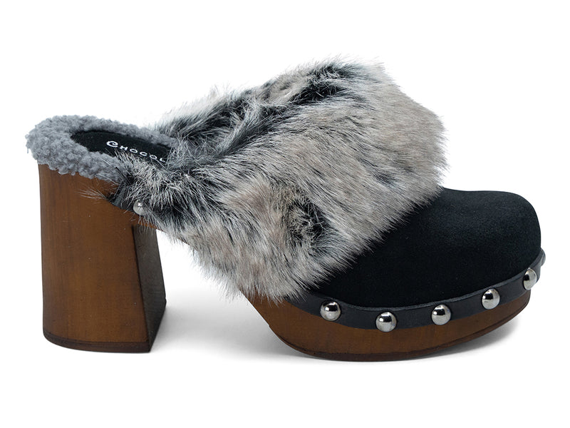 black high heel clog with fox fur collar - outer side view