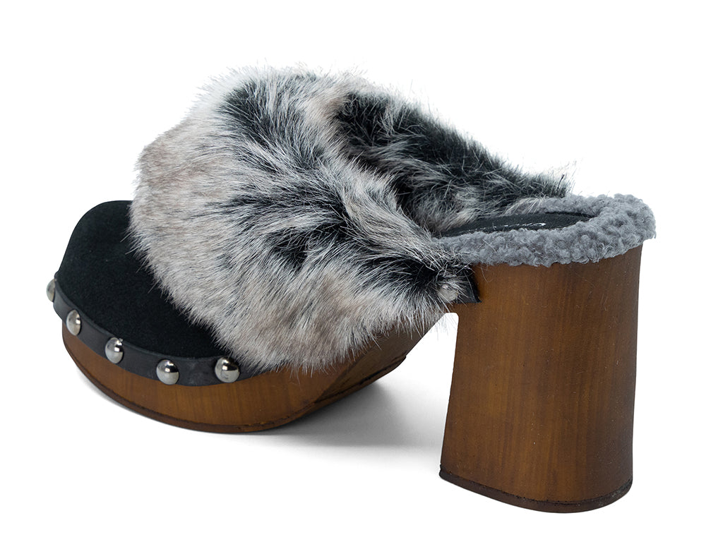 black high heel clog with fox fur collar - inner side view