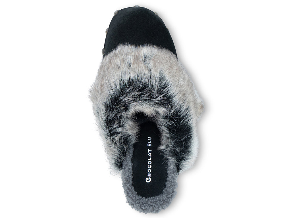 black high heel clog with fox fur collar - top view