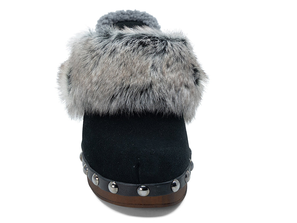 black high heel clog with fox fur collar - front view