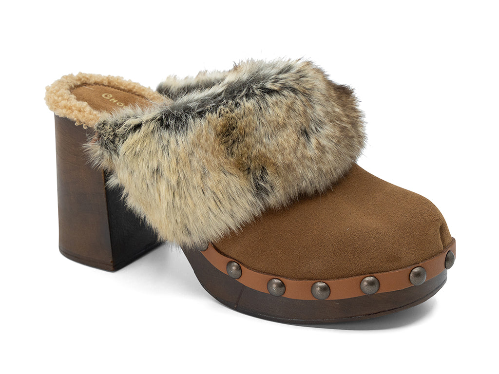 cinnamon suede high heel clog with fox fur collar - front 3/4 view