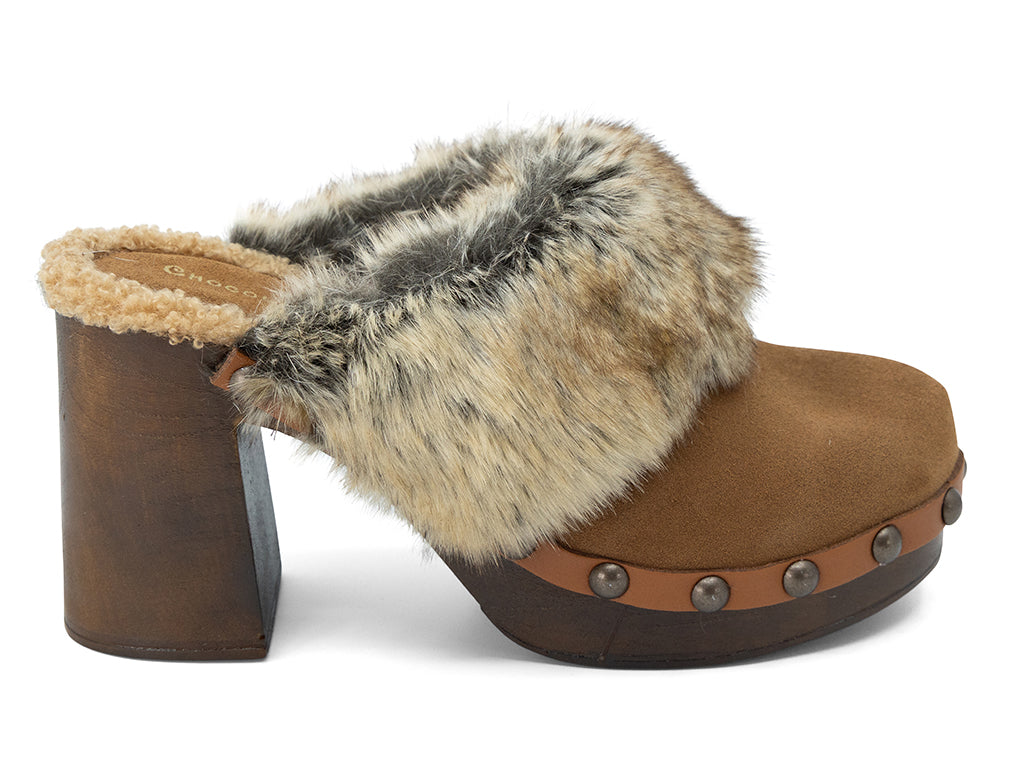 cinnamon suede high heel clog with fox fur collar - outer side view