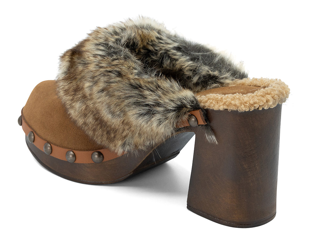 cinnamon suede high heel clog with fox fur collar - inner side view