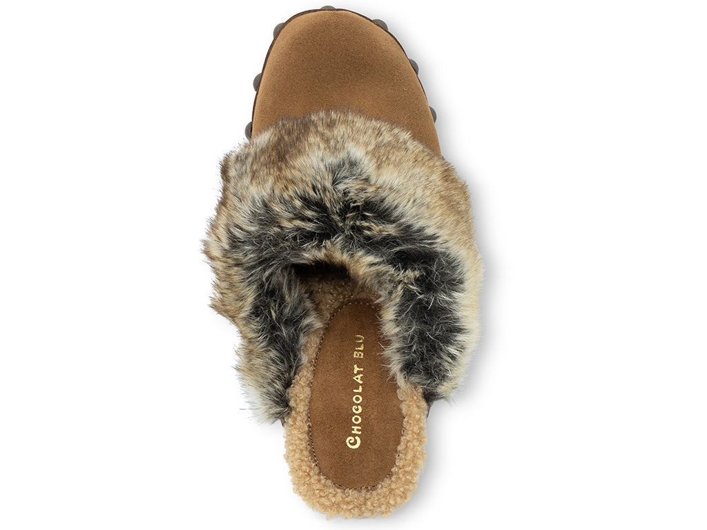 cinnamon suede high heel clog with fox fur collar - top view