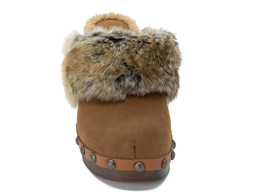 cinnamon suede high heel clog with fox fur collar - front view