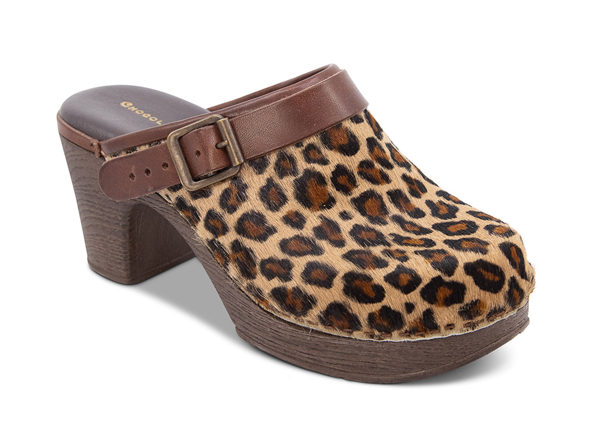 Leopard print heeled clog shoe with strap and buckle on a white background side angle view