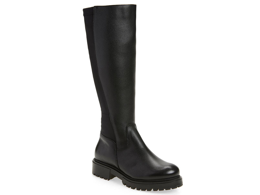 Black pull-on knee-high boot with elastic behind calf on a white background side angle view