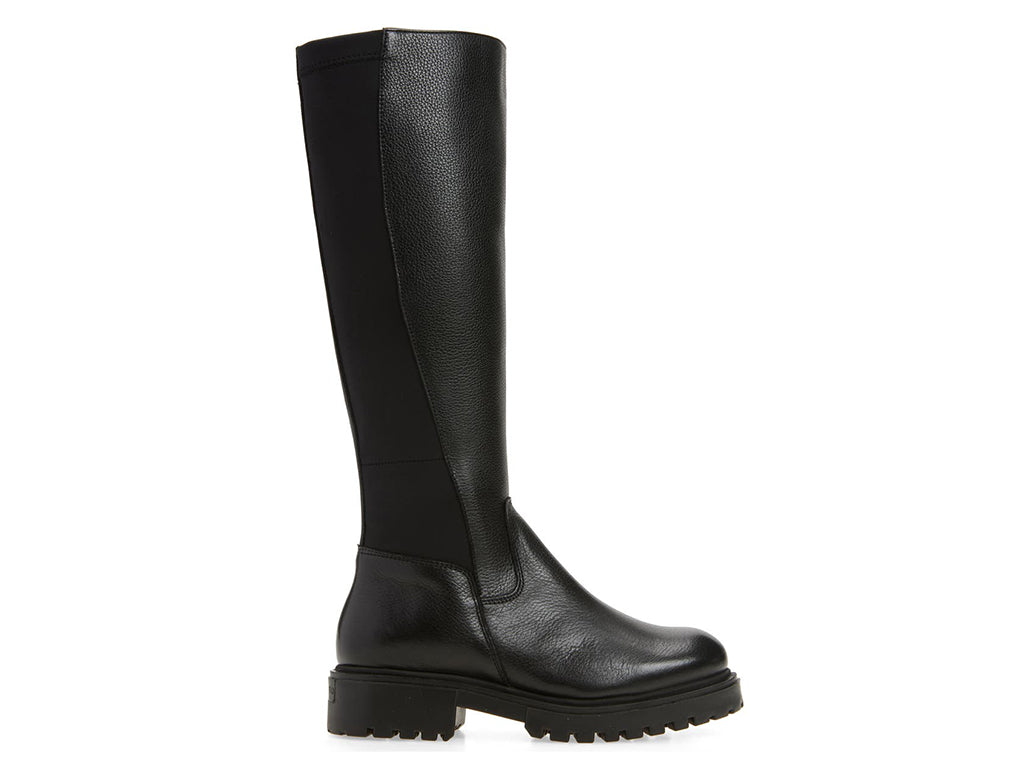 Black pull-on knee-high boot with elastic behind calf on a white background side view