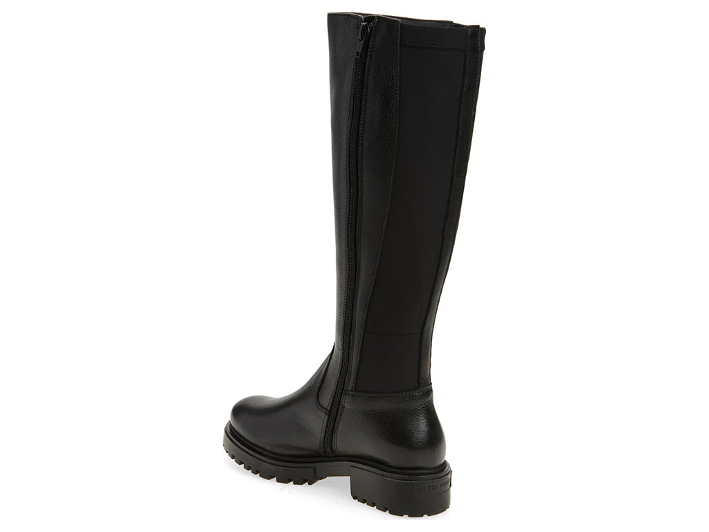 Black pull-on knee-high boot with elastic behind calf on a white background side angle view showing side zipper