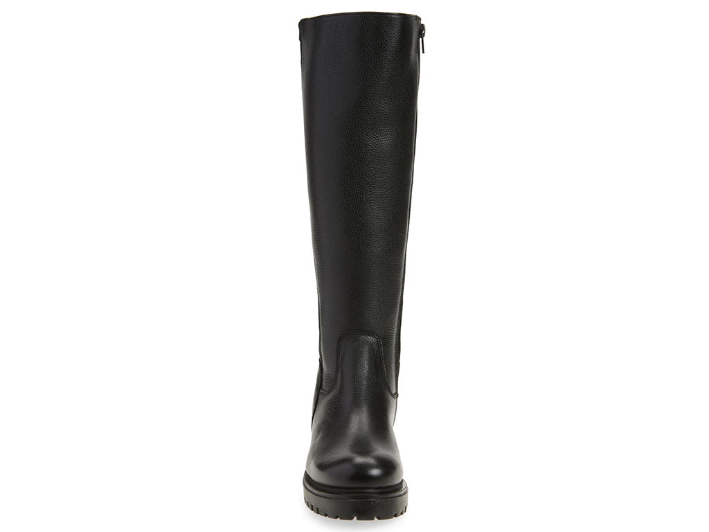 Black pull-on knee-high boot on a white background front view showing side zipper