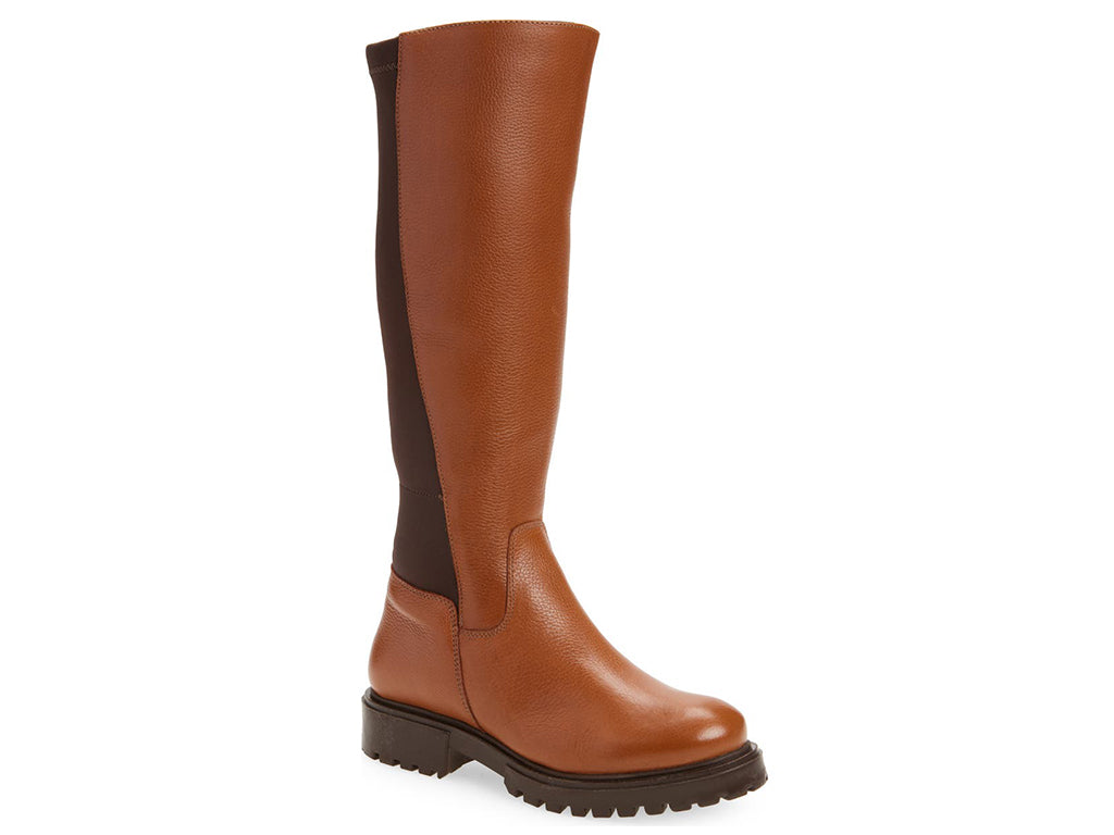 Brown pull-on knee-high boot with elastic behind calf on a white background side angle view