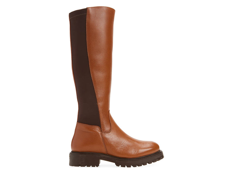 Brown pull-on knee-high boot with elastic behind calf on a white background side view