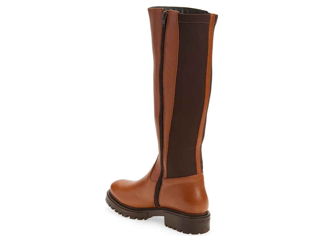 Brown pull-on knee-high boot with elastic behind calf with zipper  on a white background side angle view