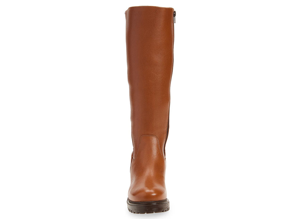 Brown pull-on knee-high boot with elastic behind calf on a white background front view showing side zipper