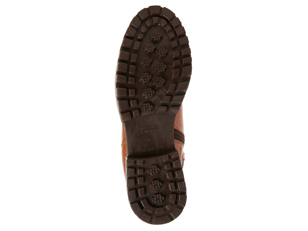 Brown pull-on knee-high boot bottom sole view showing portion of side zipper