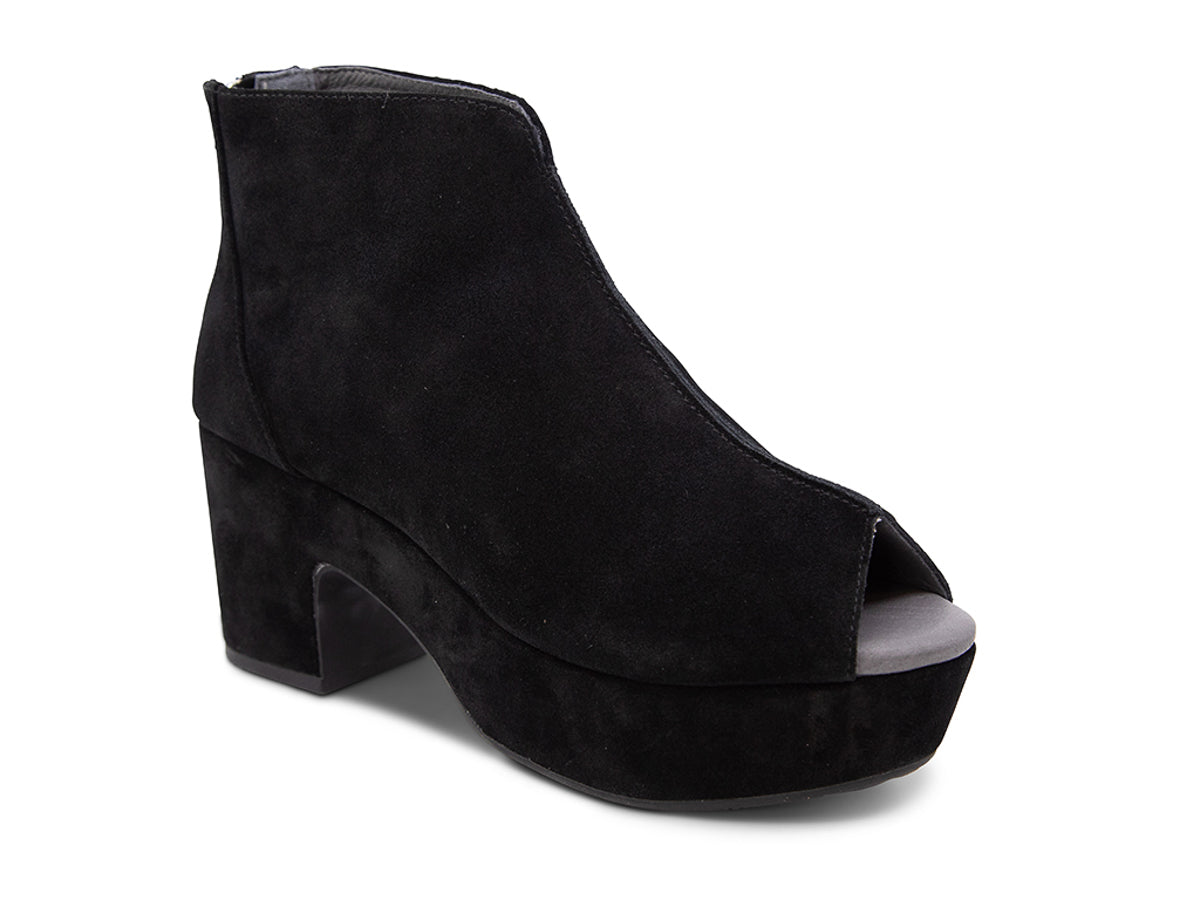 Black suede platform wedge peep-toe boot on a block heel with back zipper on a white background side angle view
