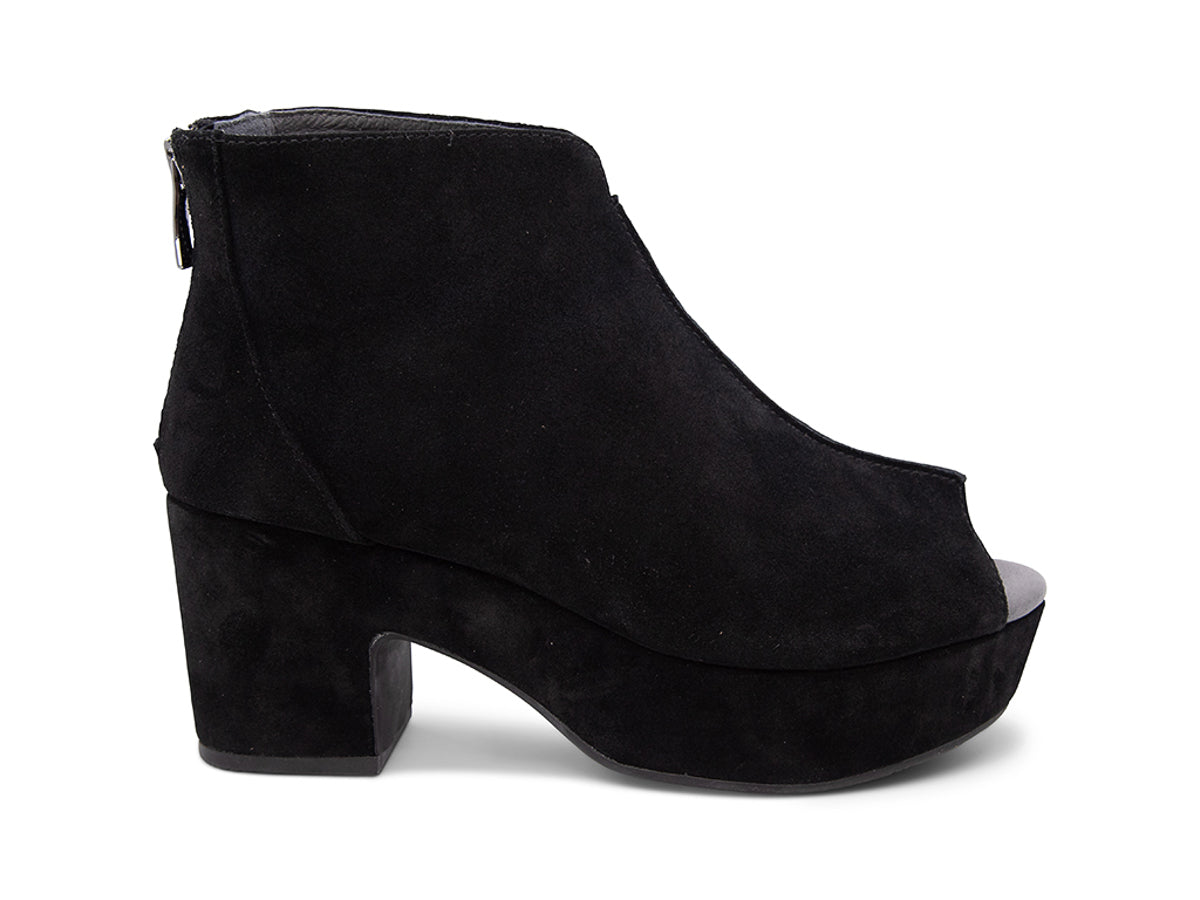 Black suede platform wedge peep-toe boot on a block heel with back zipper on a white background side view