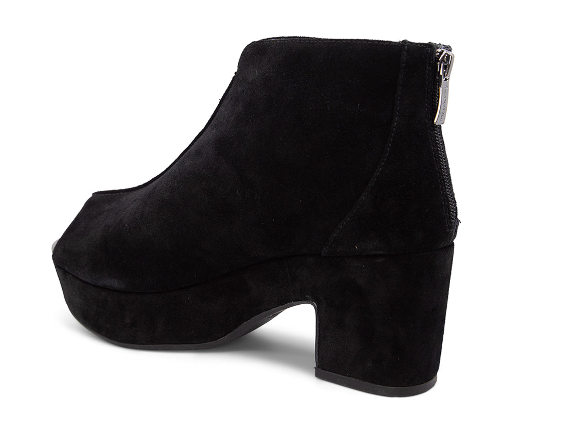 Black suede platform wedge peep-toe boot on a block heel with back zipper on a white background side angle view